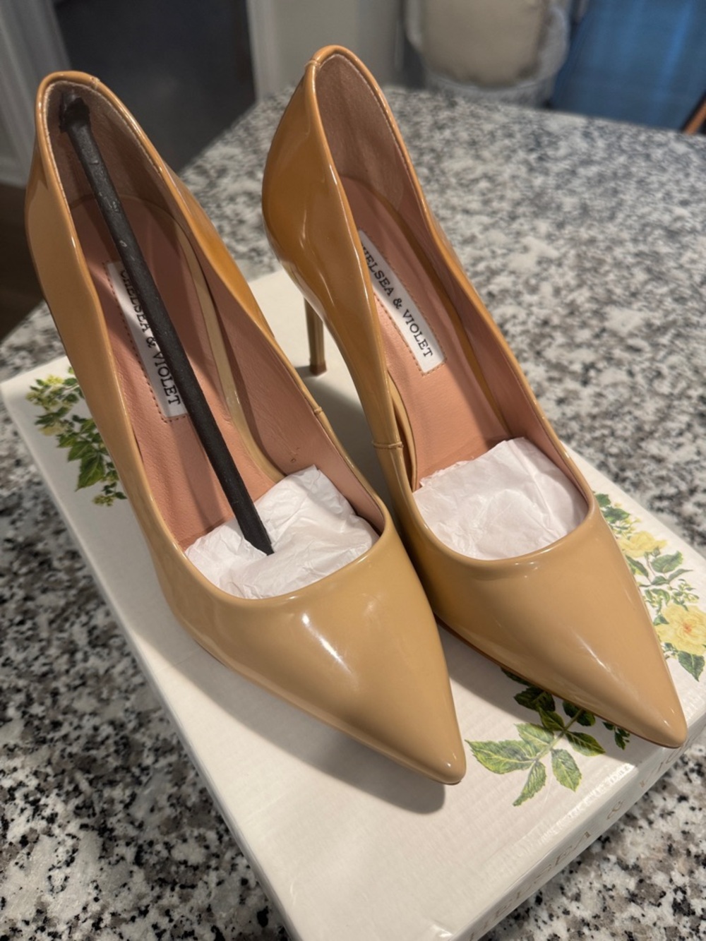 Chelsea & Violet Caramel/Beige Patent Pointed-Toe Stiletto Pumps